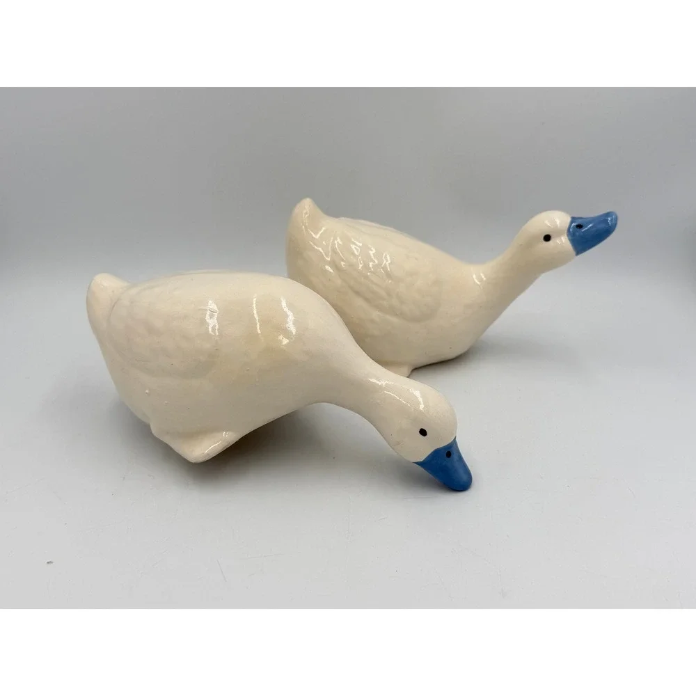 Ceramic Duck Figurines Set of 2 Cream Blue Beak Farmhouse Cottage Decor 7